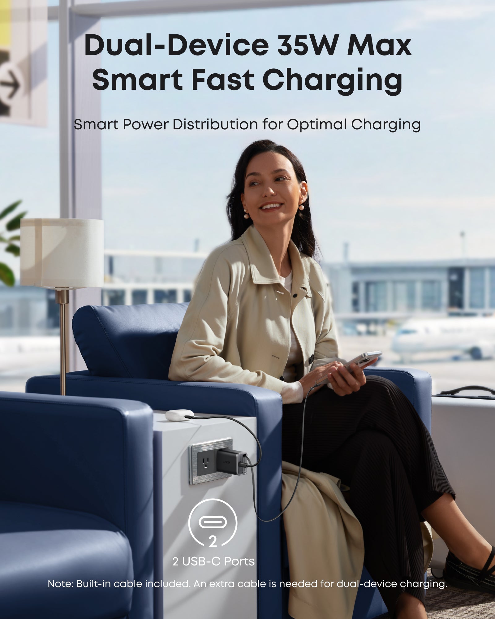 Anker Nano 35W charger with built-in retractable USB-C cable, compact black power adapter for fast charging devices.