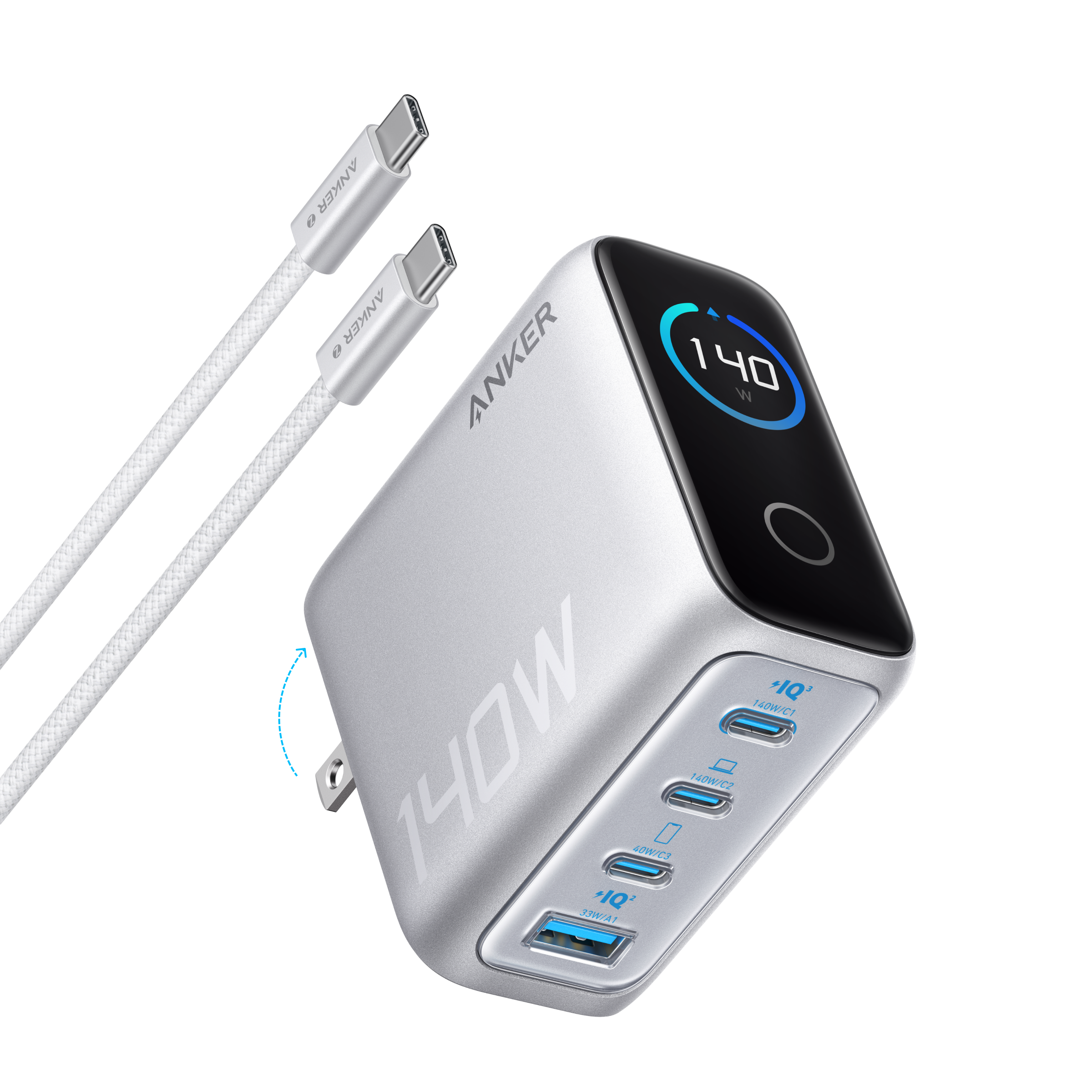 Anker 140W 4-port USB-C charger with PD 3.1 and included USB-C cable, shown with multiple charging ports and compact design.