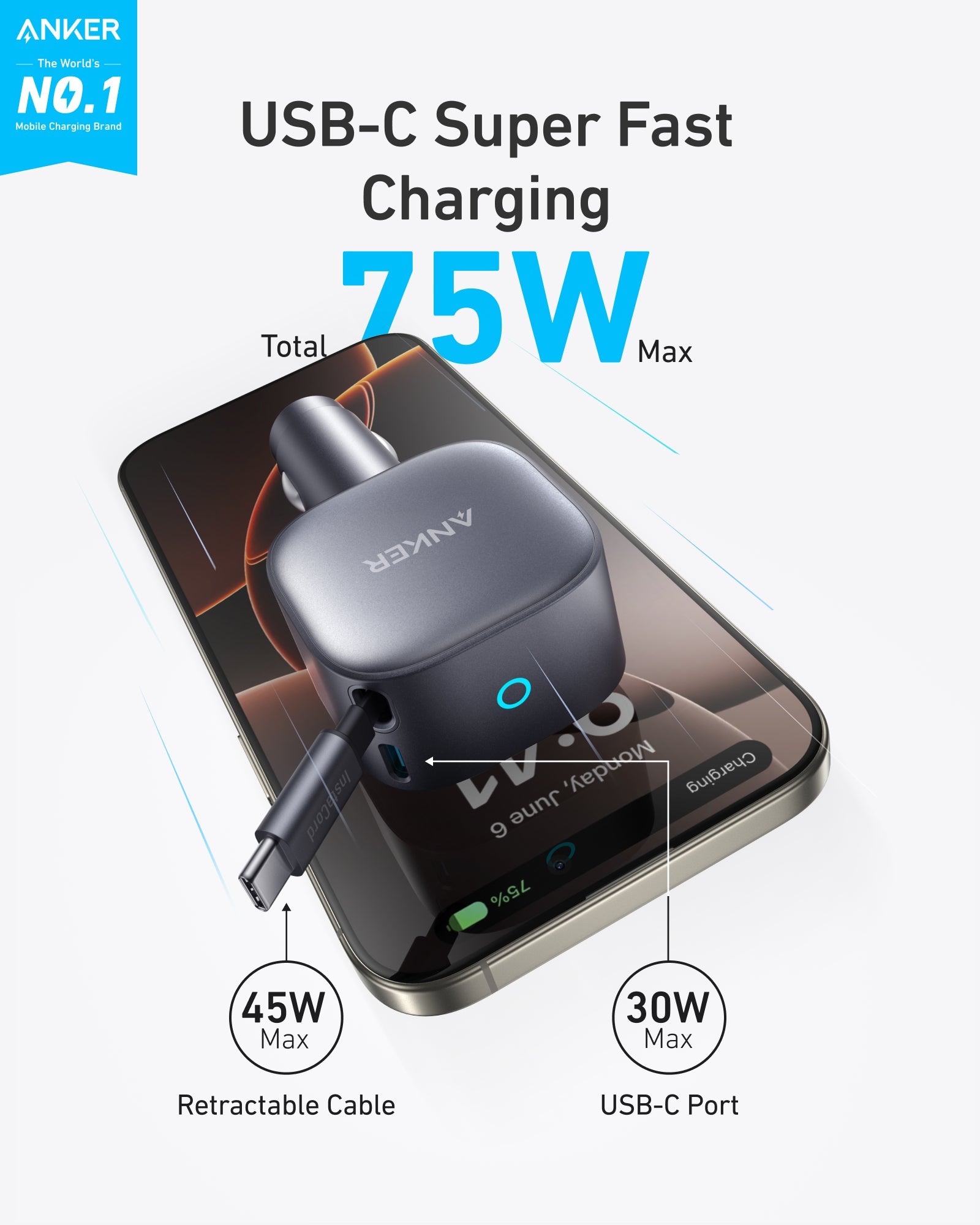 Anker Nano 75W car charger with USB-C port, compact design, and sleek black finish, suitable for fast charging devices.