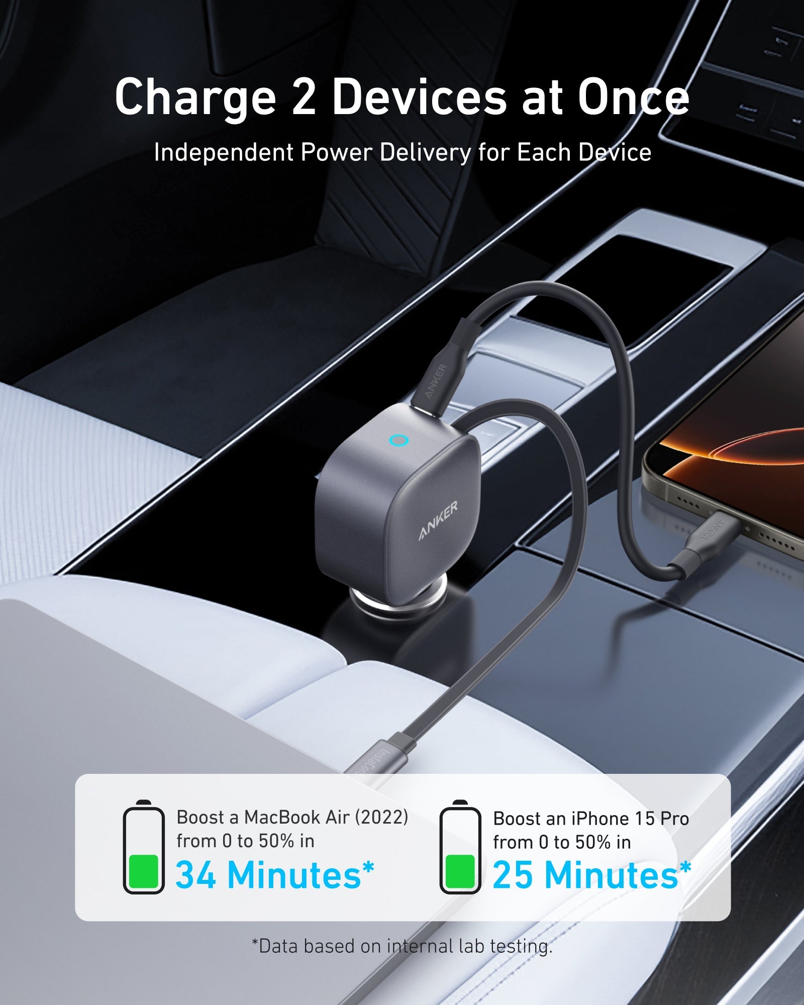 Anker Nano 75W car charger with compact design and USB-C port for fast charging in vehicles.