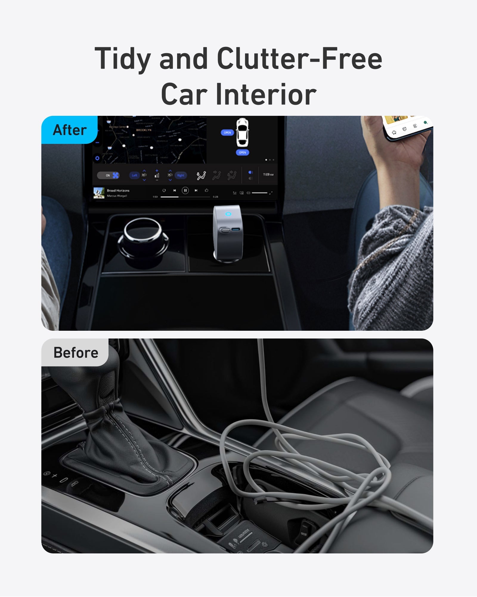 Anker Nano 75W Car Charger connected to a vehicle's power outlet, compact design with USB-C port for fast charging.
