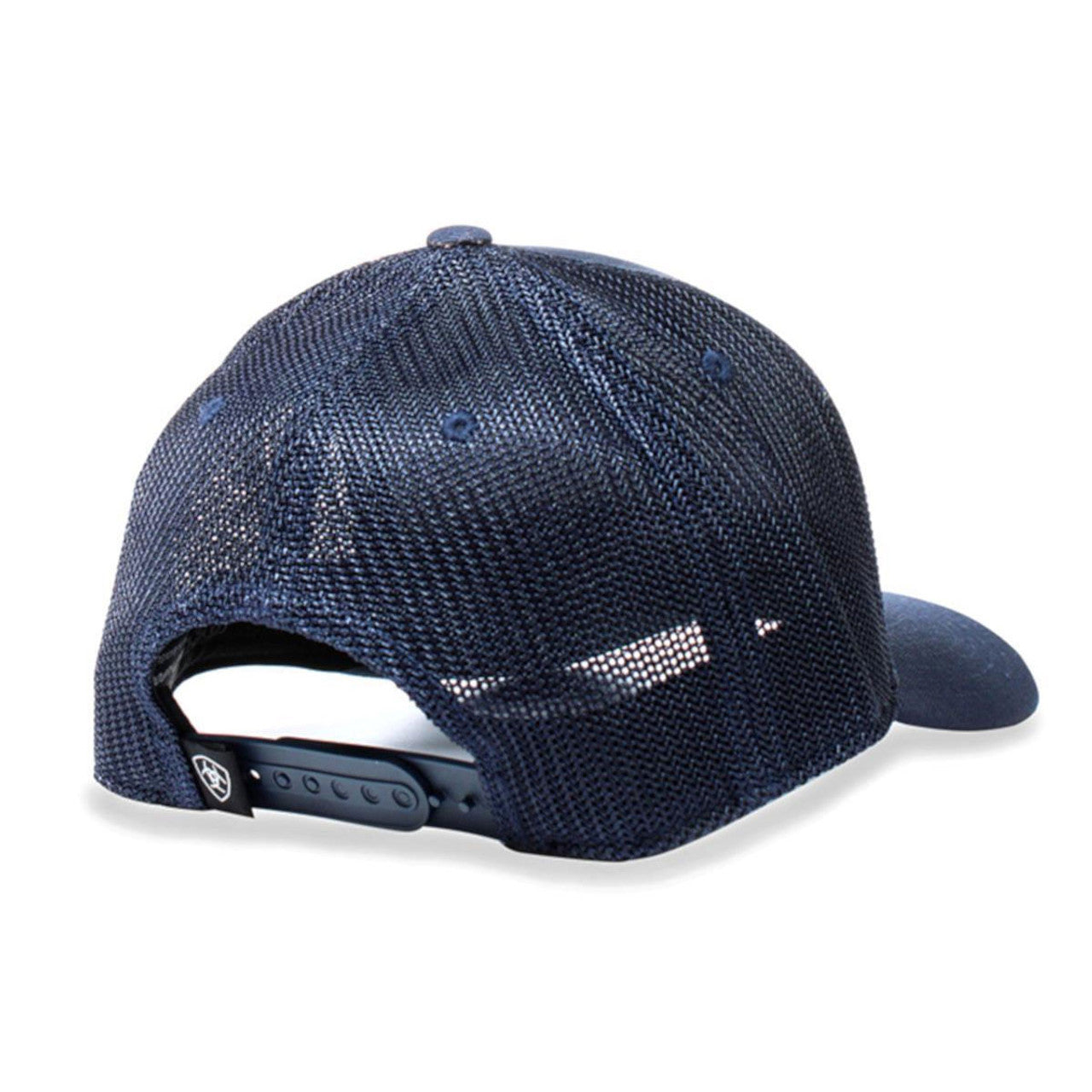 Navy ARIAT 110 Logo trucker cap with mesh back and snap closure, men's headwear featuring the Ariat brand logo.