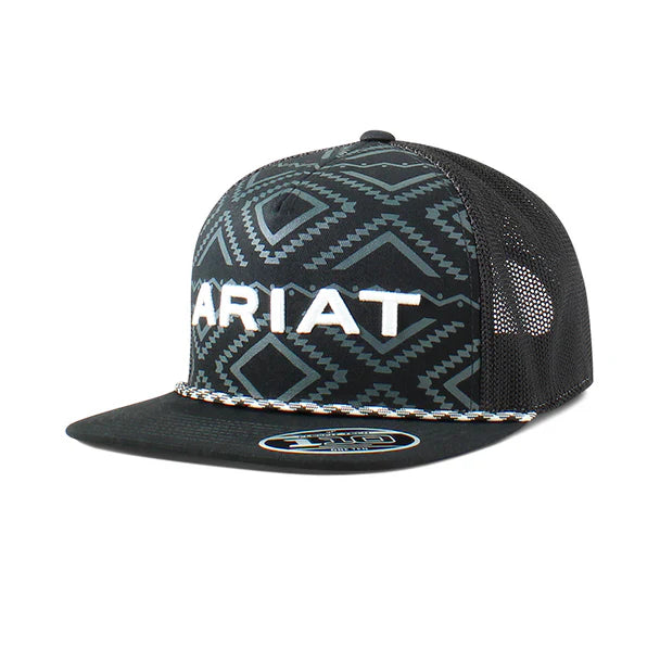 Black and grey ARIAT Aztec Rope trucker cap featuring a structured front and adjustable snapback, stylish headwear by HatCountry