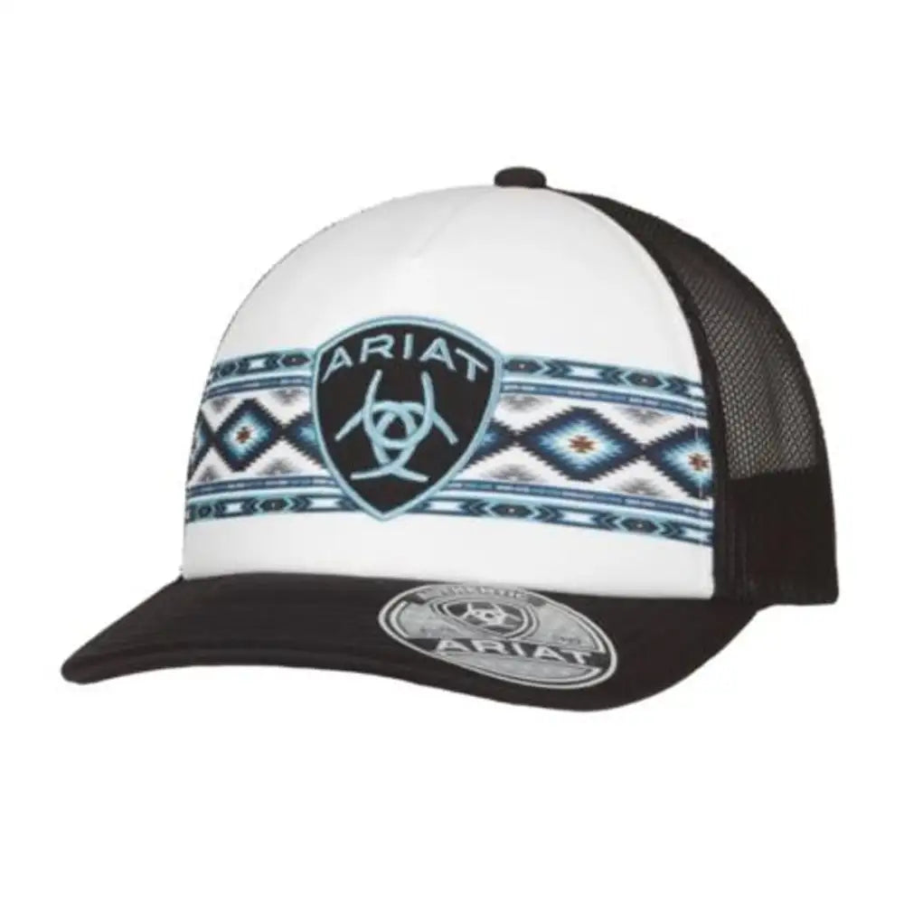 Women's Ariat Southwest Stripe Trucker Cap, stylish headwear with a colorful striped design and curved brim.