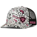 Women's Ariat Doodles trucker cap with colorful embroidered design, adjustable mesh back, and curved brim, stylish headwear.