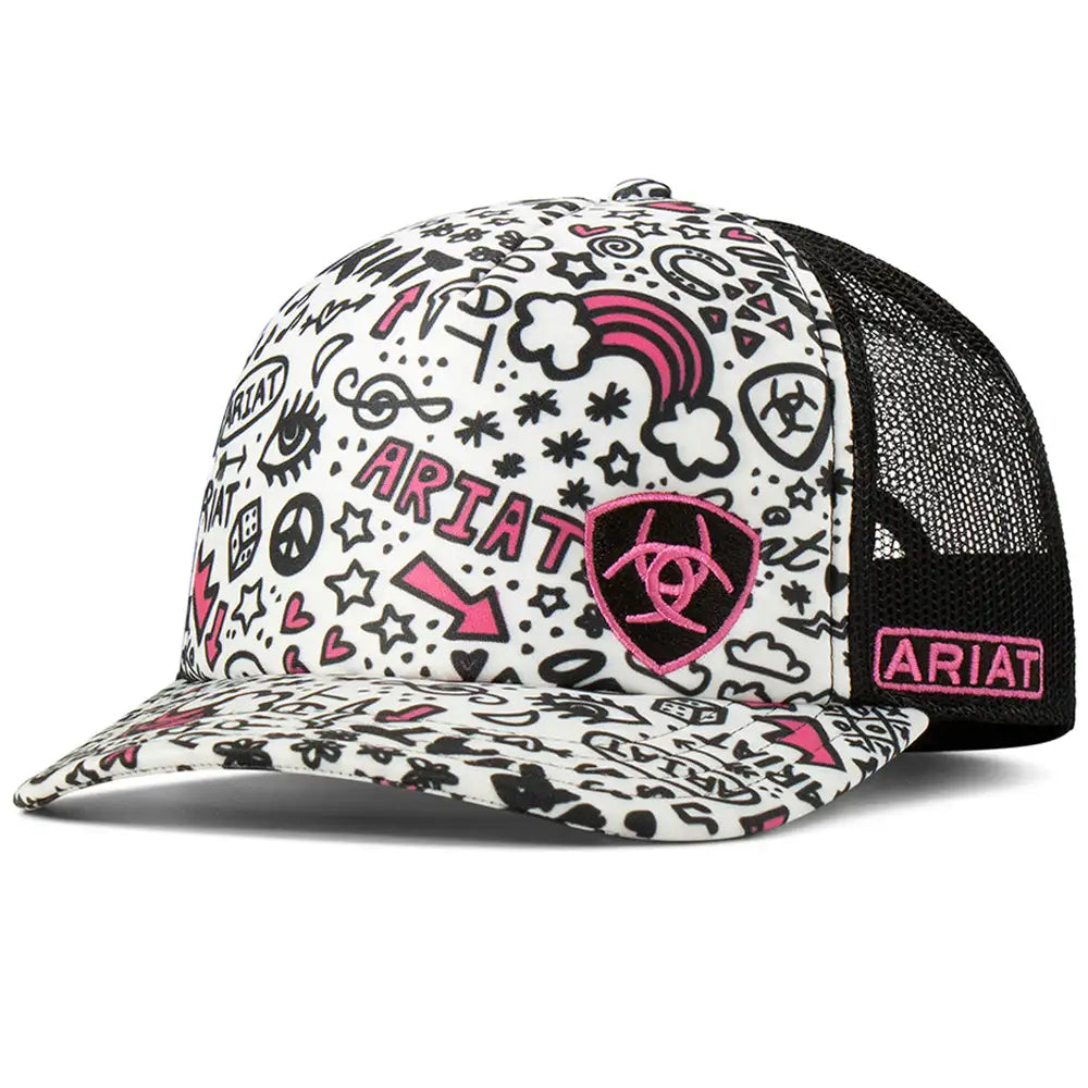 Women's Ariat Doodles trucker cap with colorful embroidered design, adjustable mesh back, and curved brim, stylish headwear.