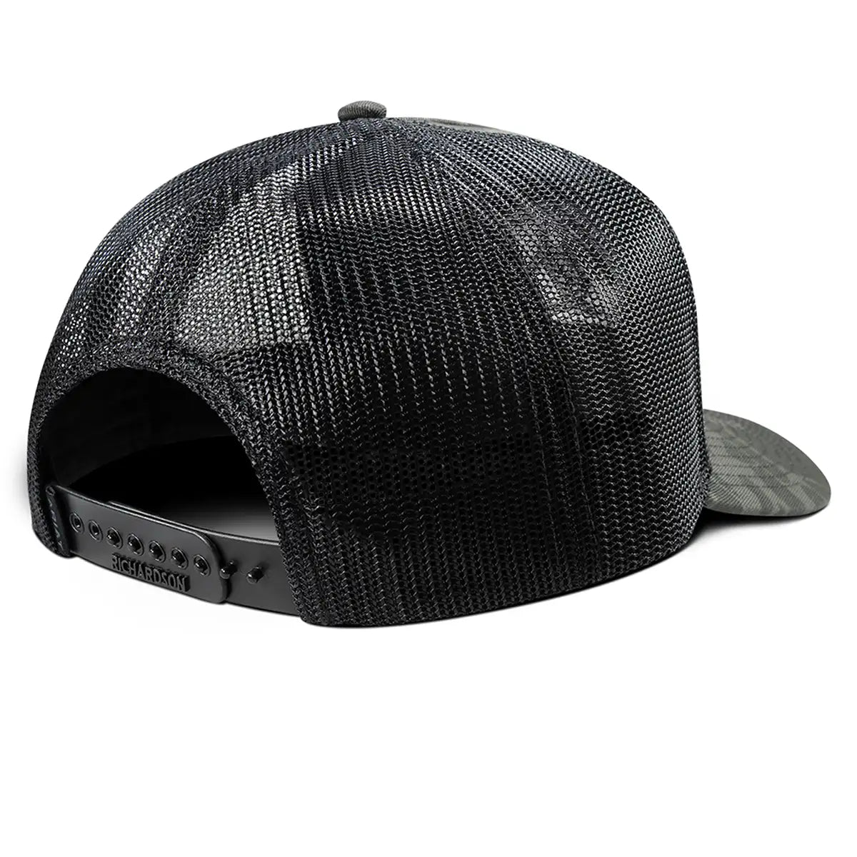 Black camo embroidered shield trucker cap by Ariat, featuring adjustable snapback and classic mesh back design.
