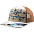 Women's Khaki Ariat Southwest Pattern Trucker Cap with mesh back and adjustable strap, casual Western-inspired headwear.