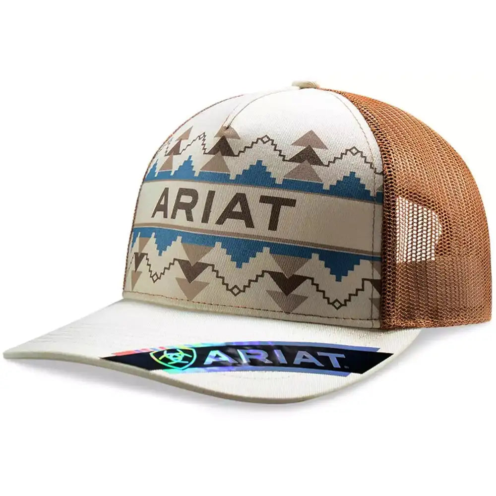Women's Khaki Ariat Southwest Pattern Trucker Cap with mesh back and adjustable strap, casual Western-inspired headwear.