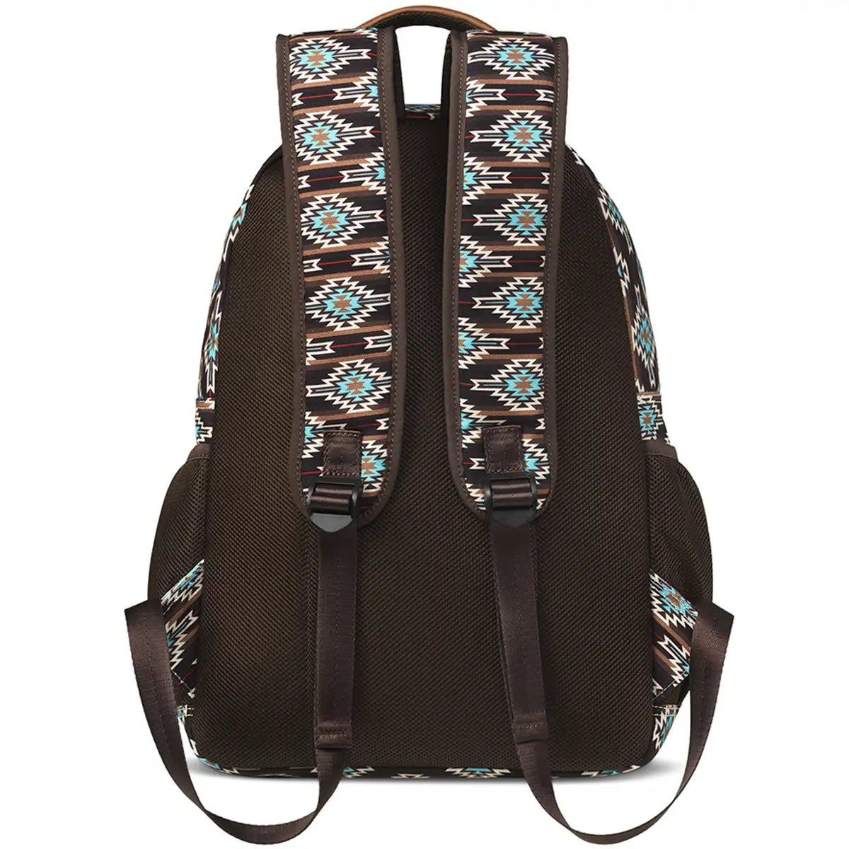 Brown and turquoise Ariat Southwest backpack with accessory-style design and detailed stitching, perfect for casual or outdoor use.