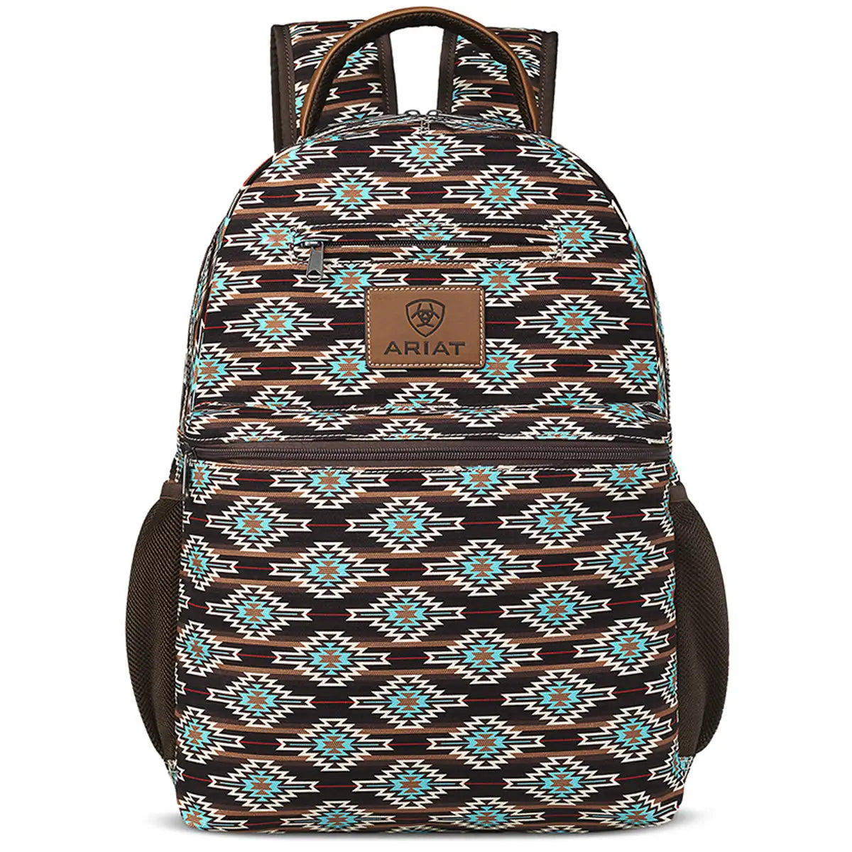 Brown and turquoise Ariat Southwest backpack with leather accents, front pockets, and adjustable straps, perfect for casual accessories.