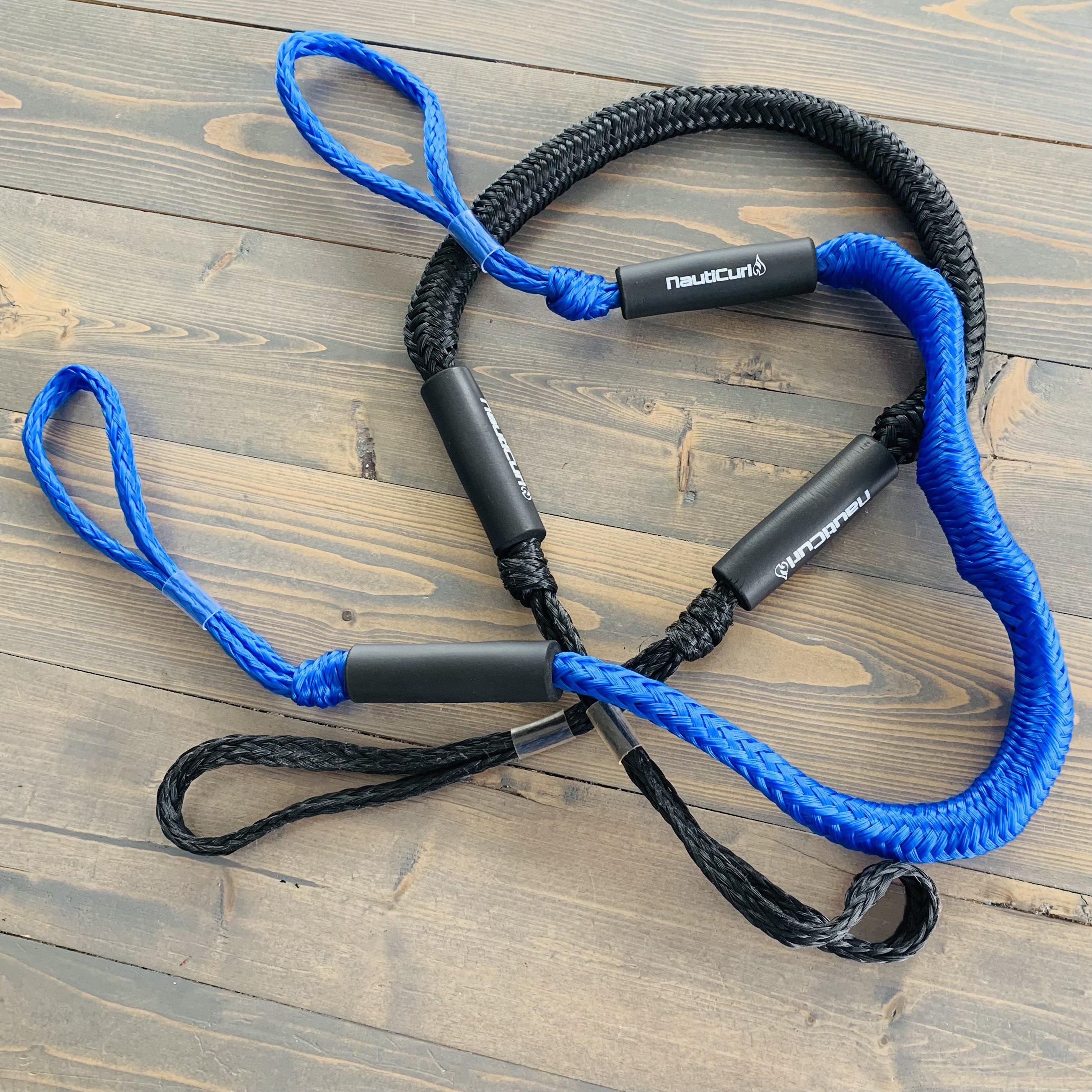 NautiCurl LLC shock-absorbing bungee boat ropes accessory, showing two flexible, durable ropes with metal hooks for marine use.