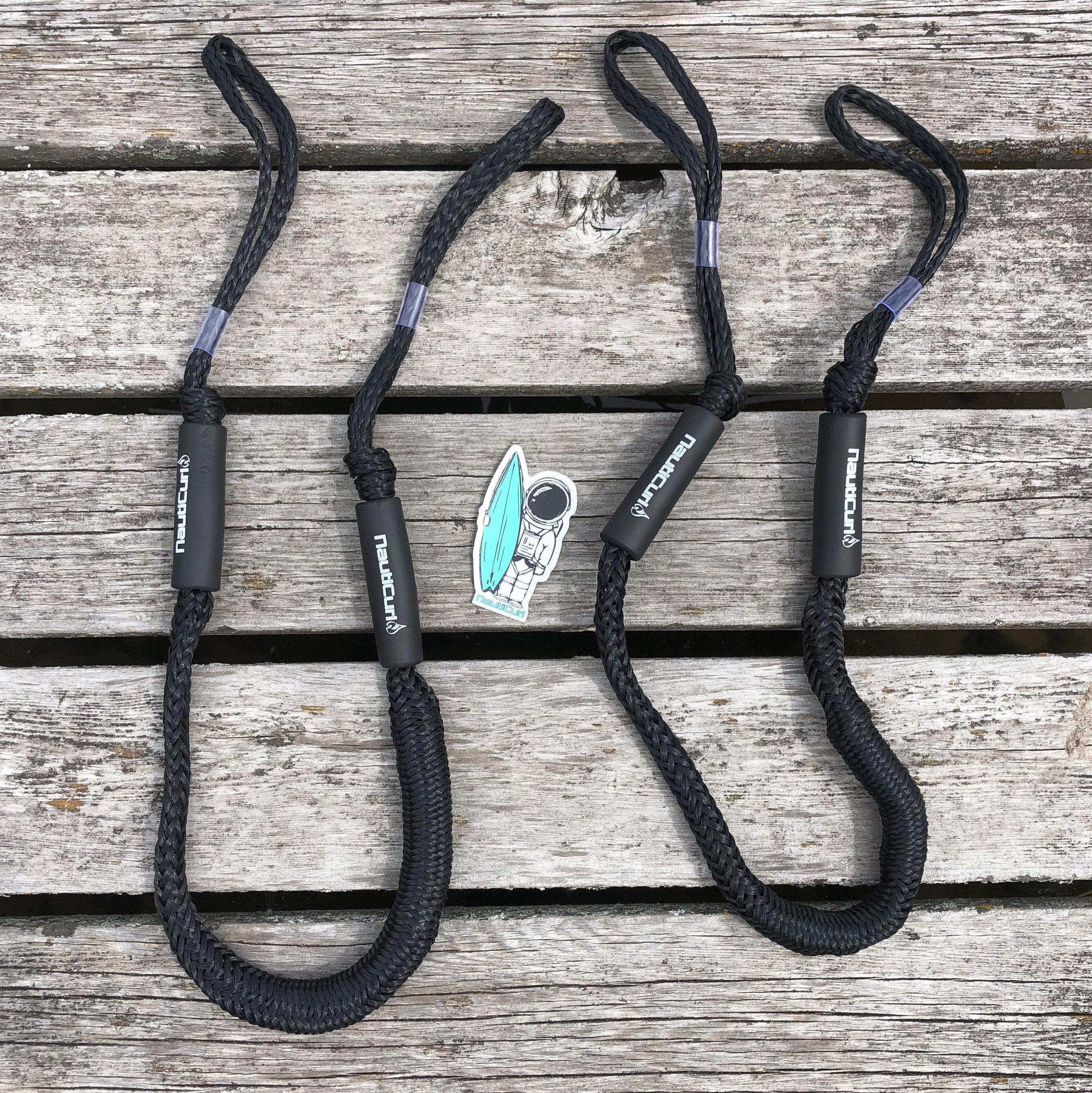 NautiCurl LLC shock-absorbing bungee boat ropes, two durable accessories with stretch capabilities for maritime towing or docking.