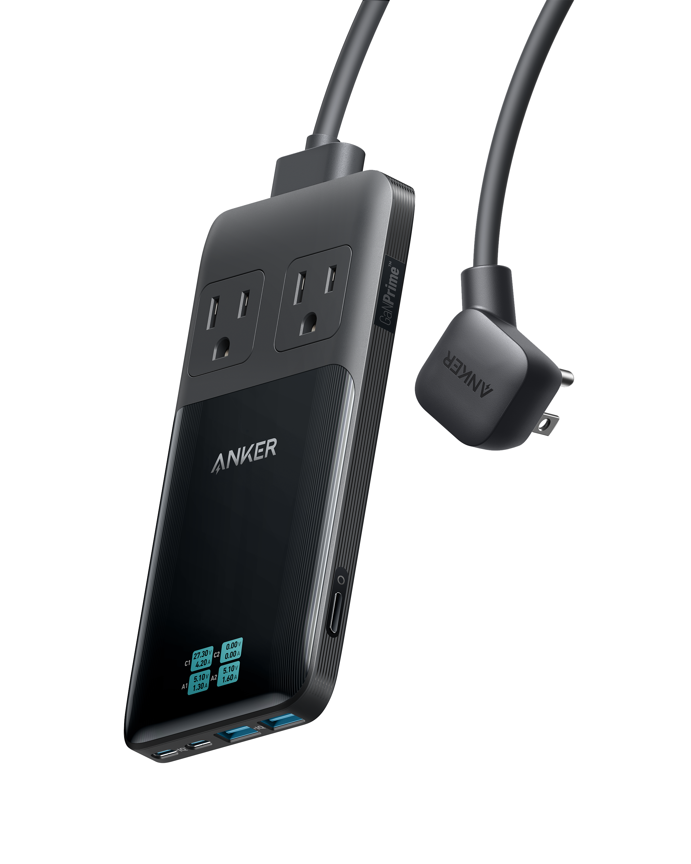 Anker Prime 6-in-1 140W charging station with multiple ports for fast device charging, sleek black design, and compact layout.