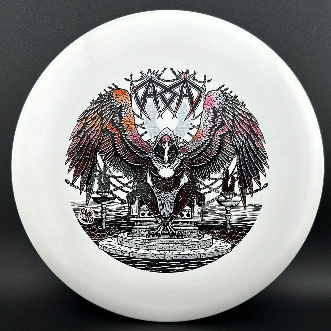 ESP Glo Buzzz disc golf disc by Ripper Studios, featuring Karudi the Overseer artwork in vibrant glow-in-the-dark colors.
