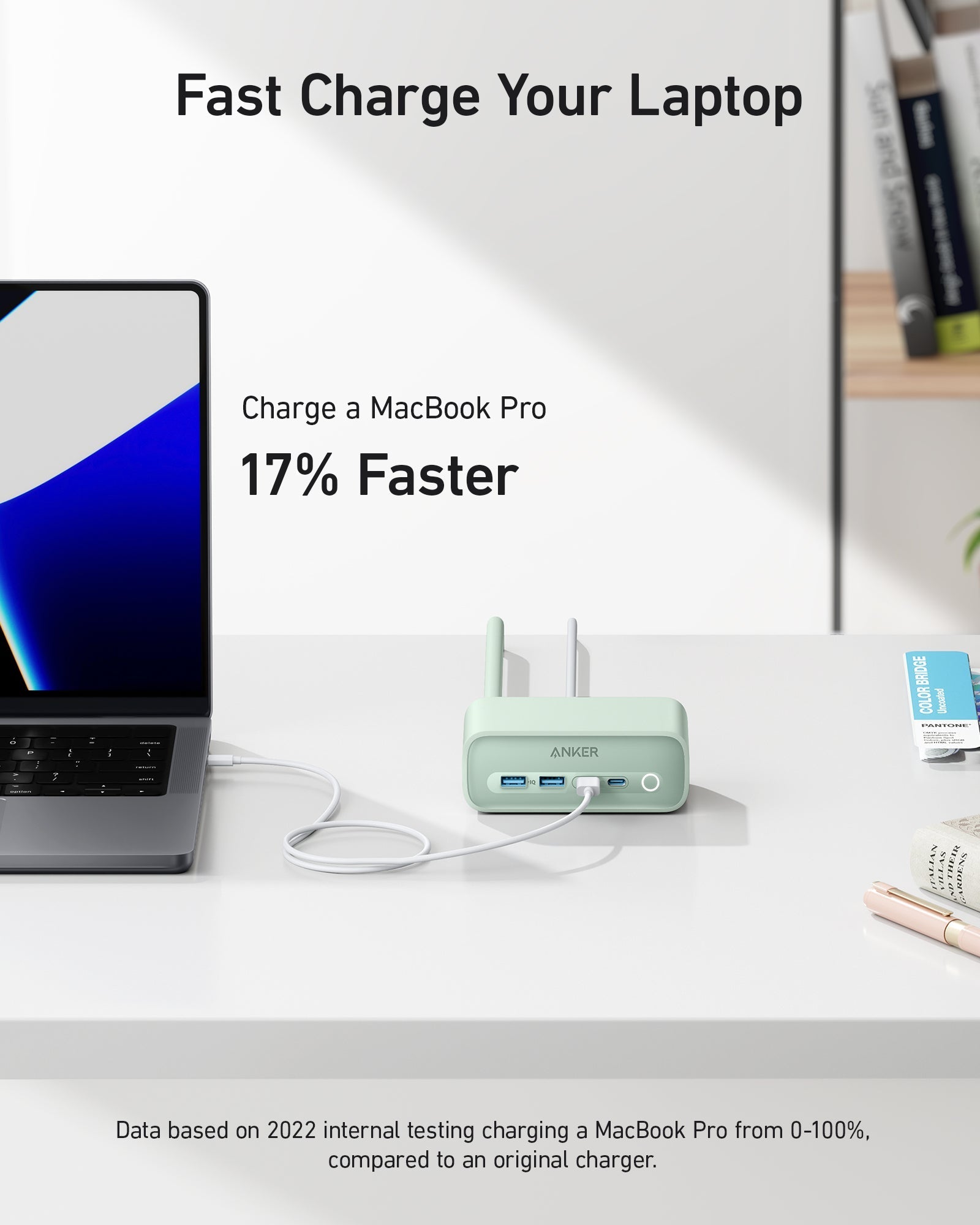 Anker 525 charging station with multiple USB ports, sleek design, and compact form for efficient device charging.