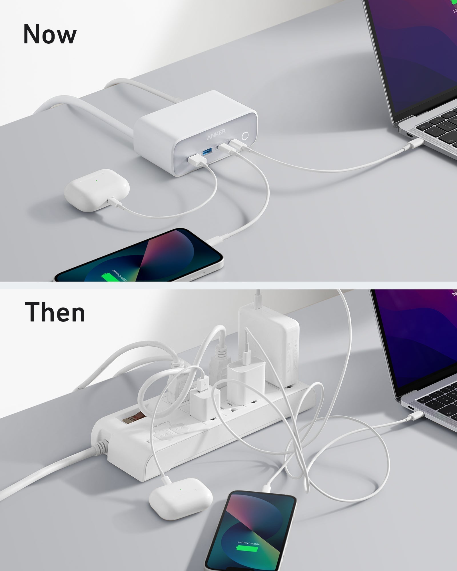 Anker 525 charging station with multiple ports for efficient device charging, shown on a sleek modern surface.