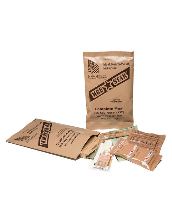 Standard variety MRE meals with heaters from Alpenglow Readiness Supply, displayed in packaging for emergency use.