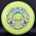 Rare Air Discs Fission Defy Crushin' Amanitas VIP 2.0 disc golf disc with vibrant green and yellow design, showcasing bold graphics.