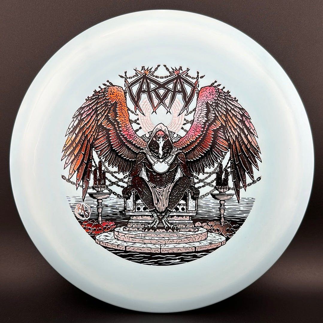 Rare Air Discs ESP Glo Buzzz disc golf disc featuring Karudi the Overseer artwork by Ripper Studios, glowing in the dark.