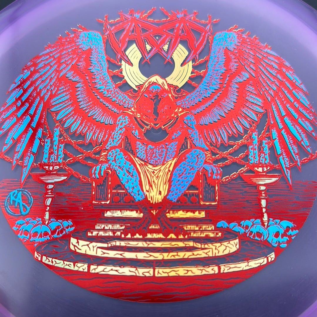 CryZtal Buzzz disc golf disc by Rare Air Discs featuring Karudi the Overseer from Cult of RAD, with vibrant colors and detailed design