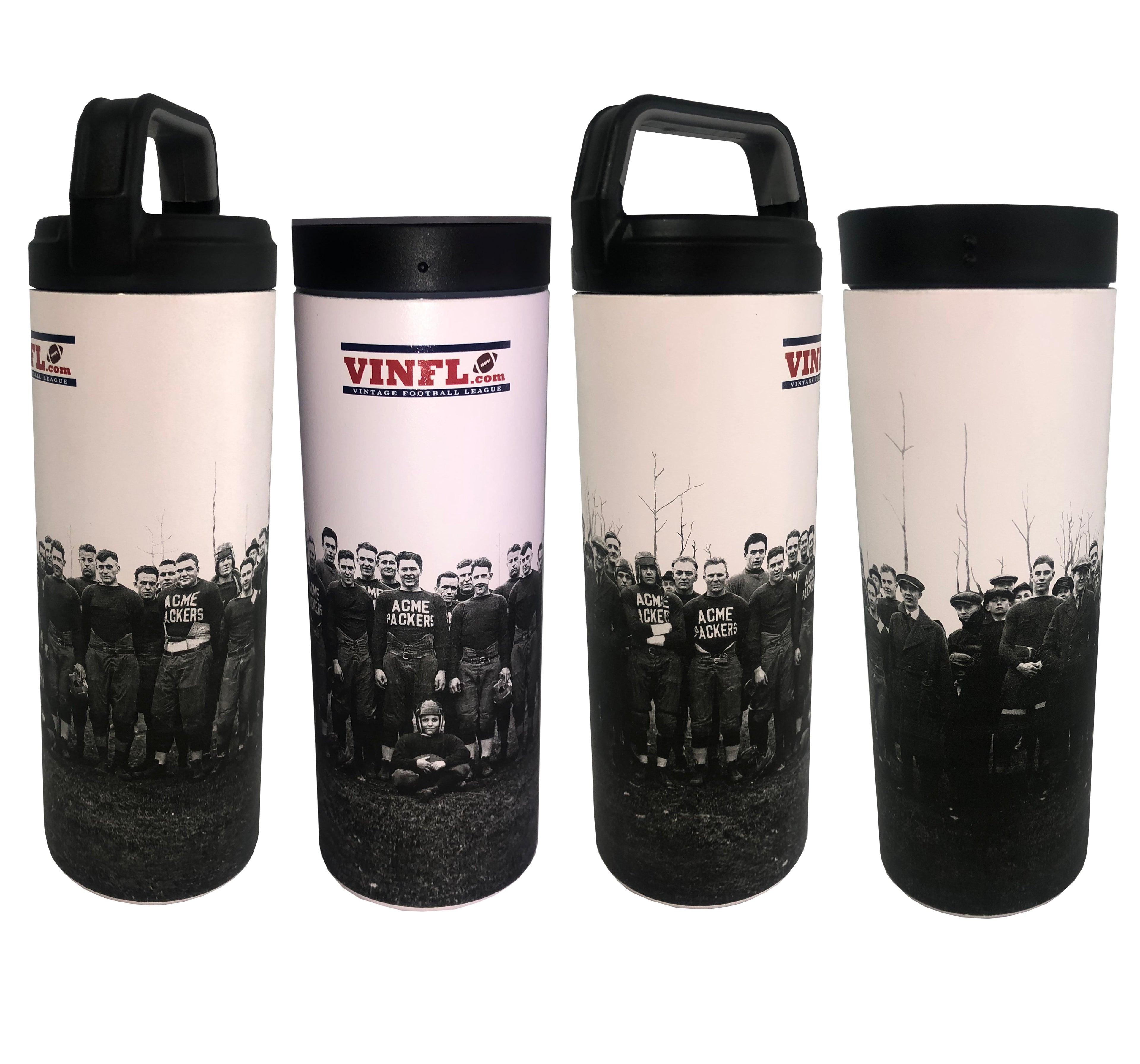 20 oz ACME Packers hot and cold beverage bottle by Cognito Brands, Inc., with a sleek stainless steel design and secure lid.