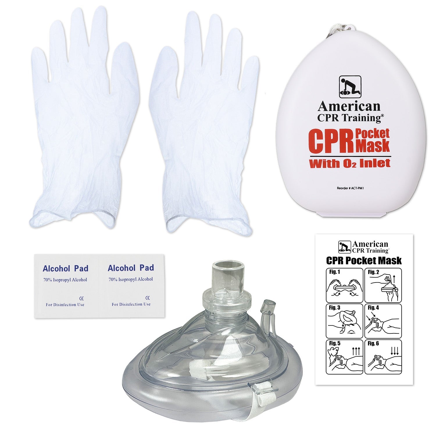 American CPR pocket mask with plastic case, adult/child/infant sizes, includes oxygen inlet for CPR emergency use.