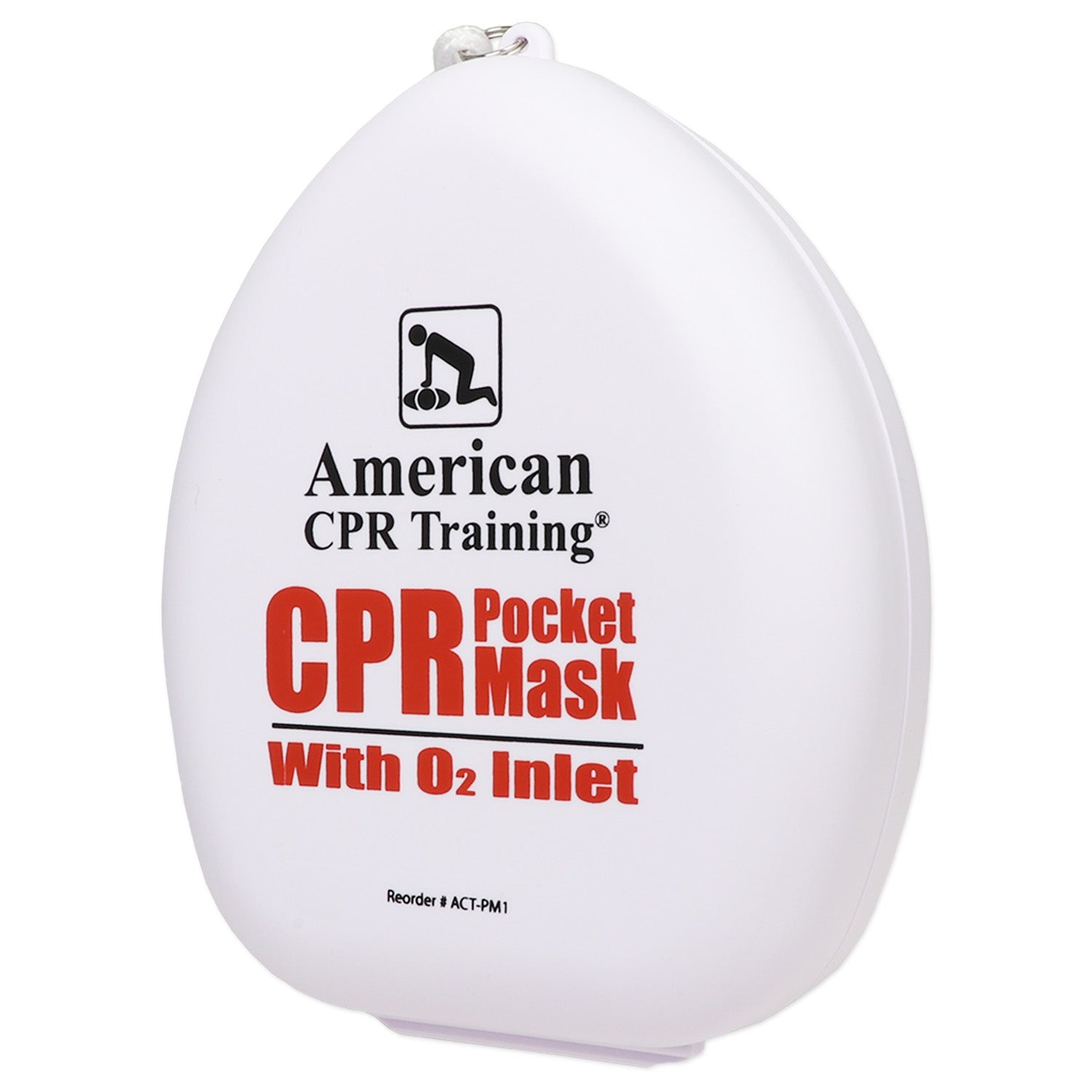 American CPR pocket mask in plastic case with O2 inlet, suitable for adult, child, and infant rescue situations.