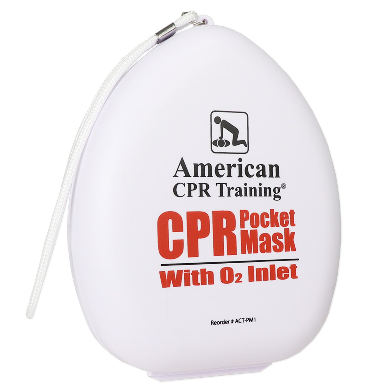 American CPR pocket mask in plastic case with O2 inlet, suitable for adult, child, and infant rescue situations.
