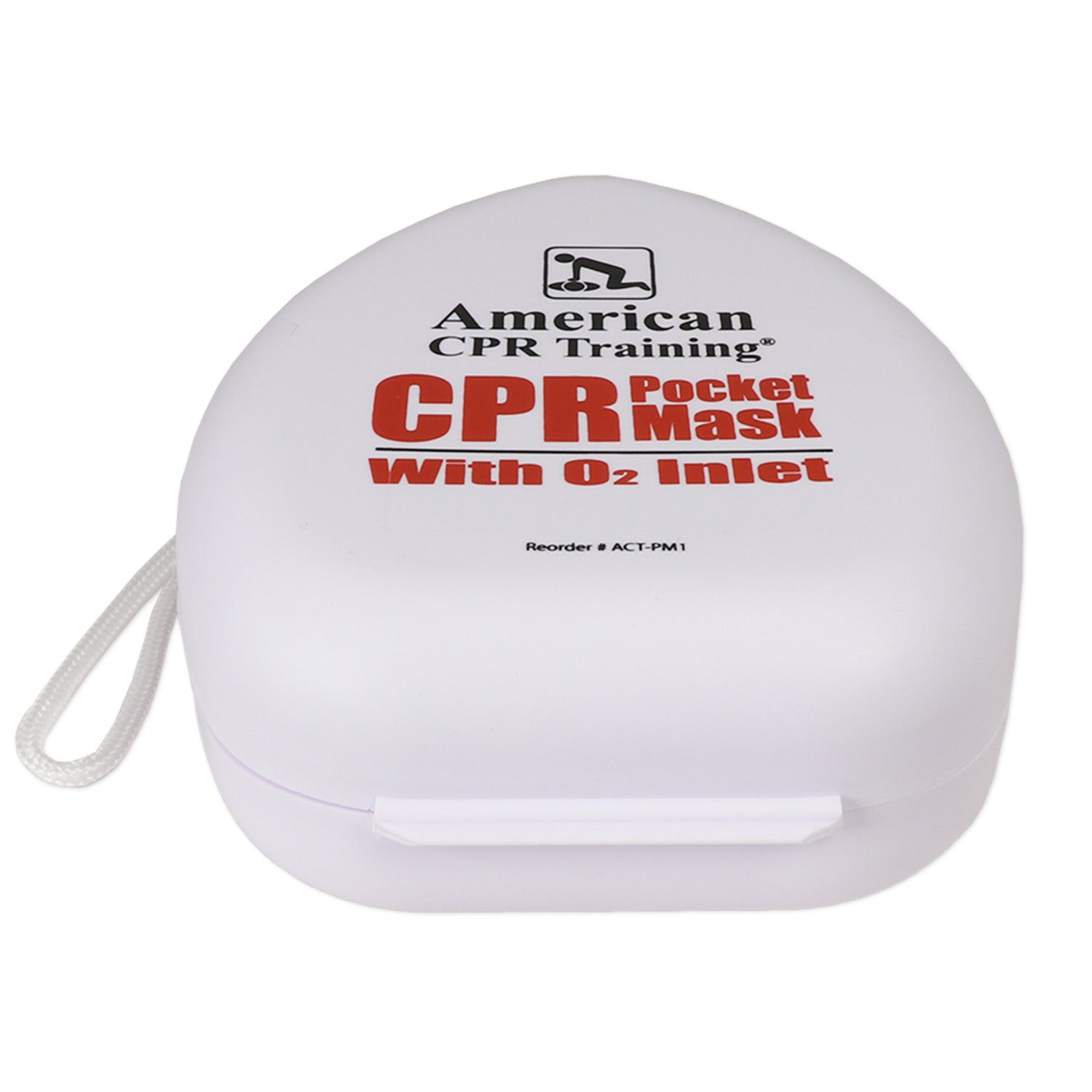 American CPR Pocket Mask in plastic case with O2 inlet, suitable for adult, child, and infant rescue situations.