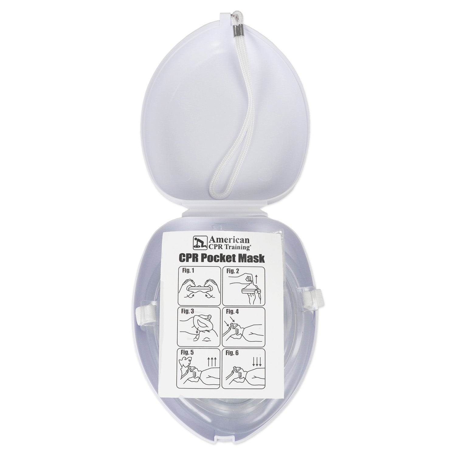 American CPR Pocket Mask in plastic case with O2 inlet for adult, child, and infant rescue, compact CPR equipment.