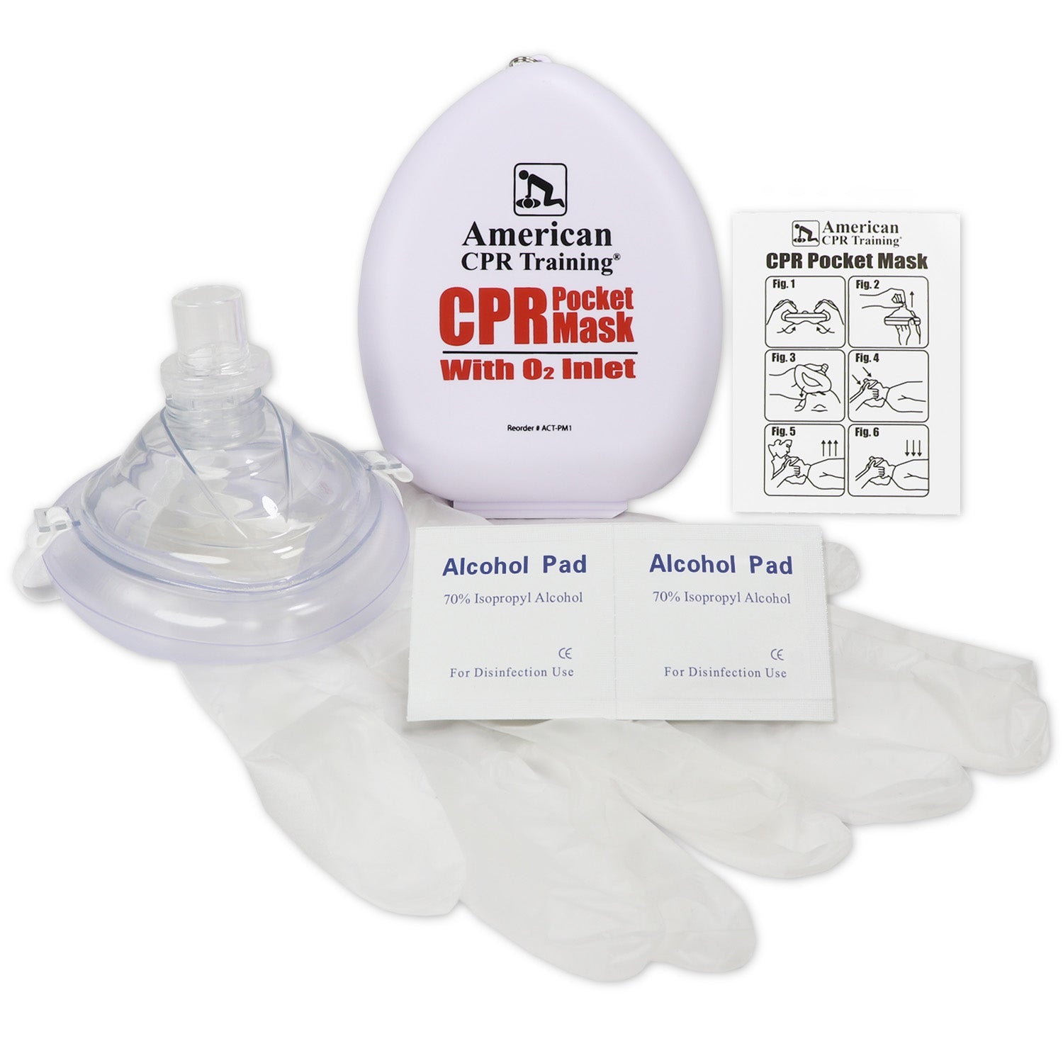 American CPR Pocket Mask in plastic case with O2 inlet, suitable for adult, child, and infant rescue scenarios.