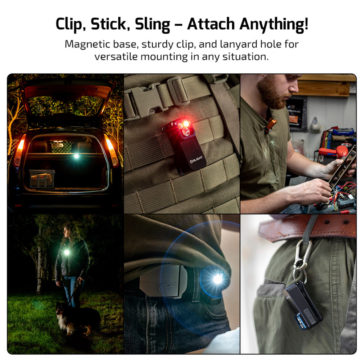 MUCITUP Olight Oclip Pro flashlight with clip, showing flood, spot, and red modes in four different colors.