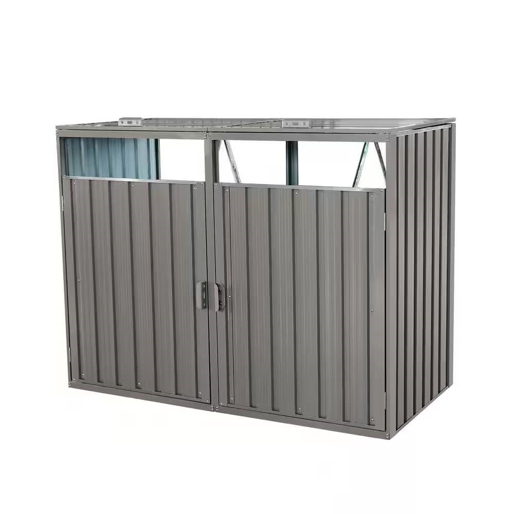 Outdoor grey galvanized steel garbage bin storage shed by HomePacific, designed to hold two trash cans securely outside