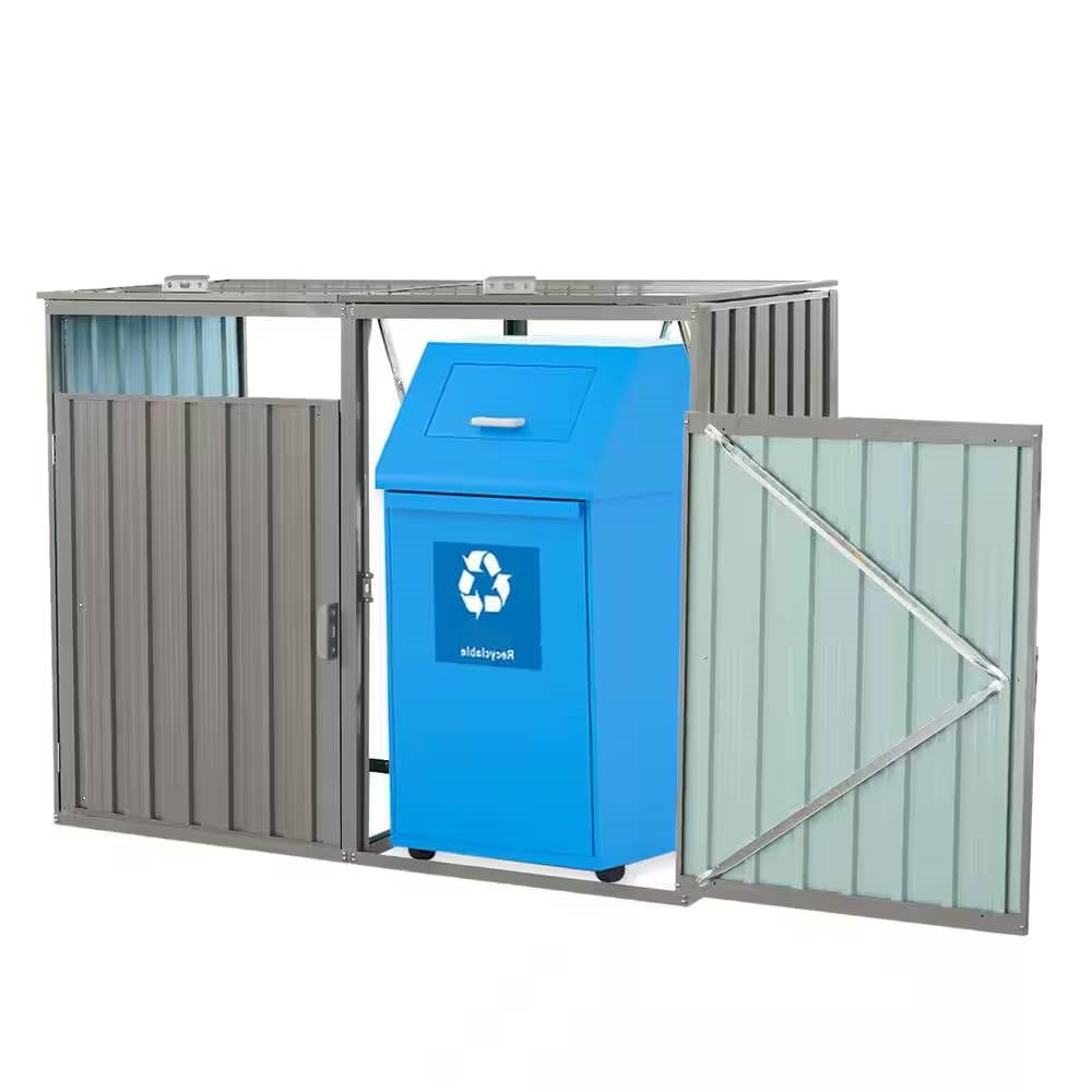 Outdoor grey galvanized steel garbage bin storage shed by HomePacific, designed to hold two trash cans.