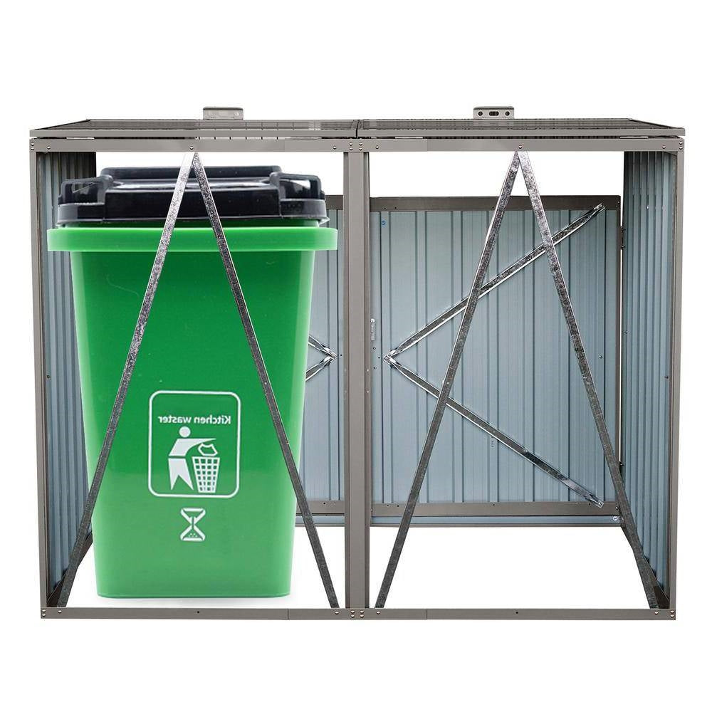 Outdoor grey galvanized steel garbage bin storage shed by HomePacific, designed to hold two trash cans, with secure door panels.