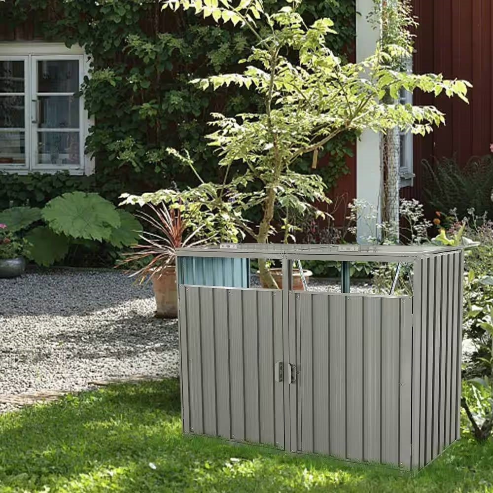 Outdoor grey galvanized steel garbage bin storage shed by HomePacific, designed to hold two trash cans securely outdoors.
