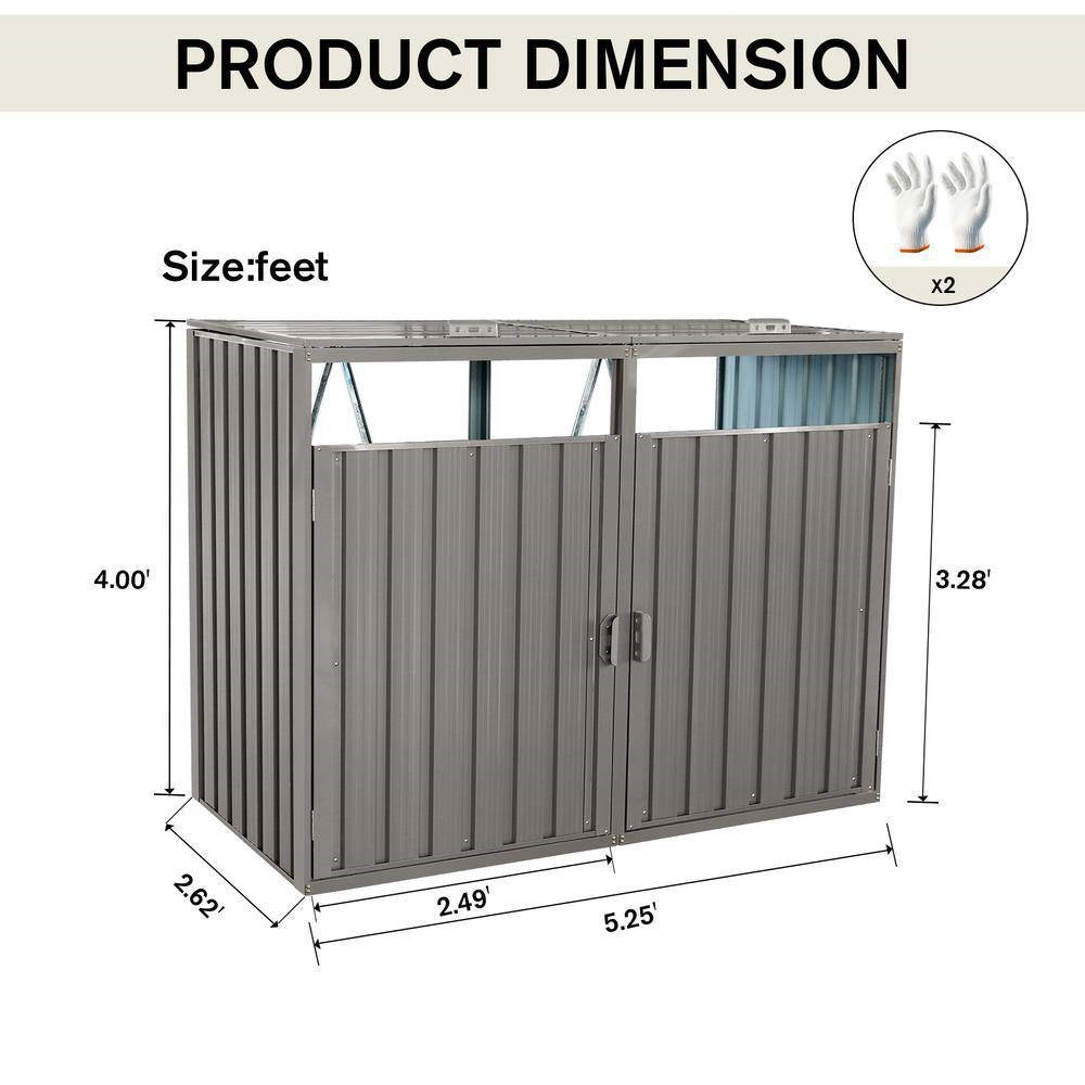 Outdoor grey galvanized steel storage shed by HomePacific, designed for two trash cans, ideal for outdoor garbage bin organization.