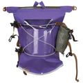 A purple waterproof backpack shown on a white background, featuring a clear front window, white rope bungees, brown straps, and an olive green mesh side pouch.