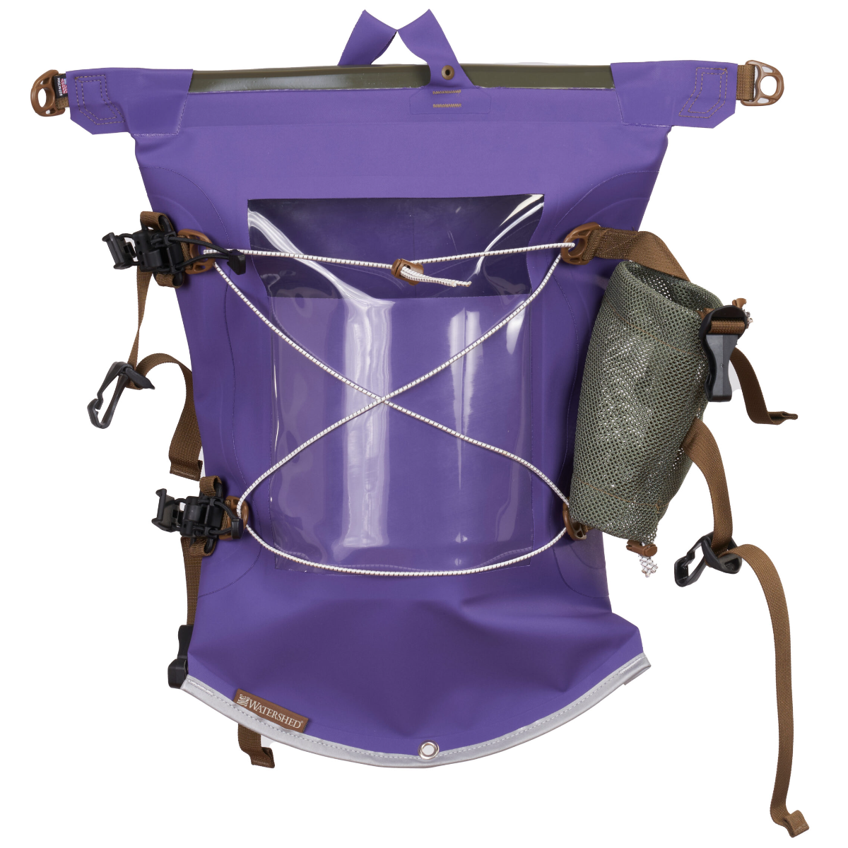 A purple waterproof backpack shown on a white background, featuring a clear front window, white rope bungees, brown straps, and an olive green mesh side pouch.