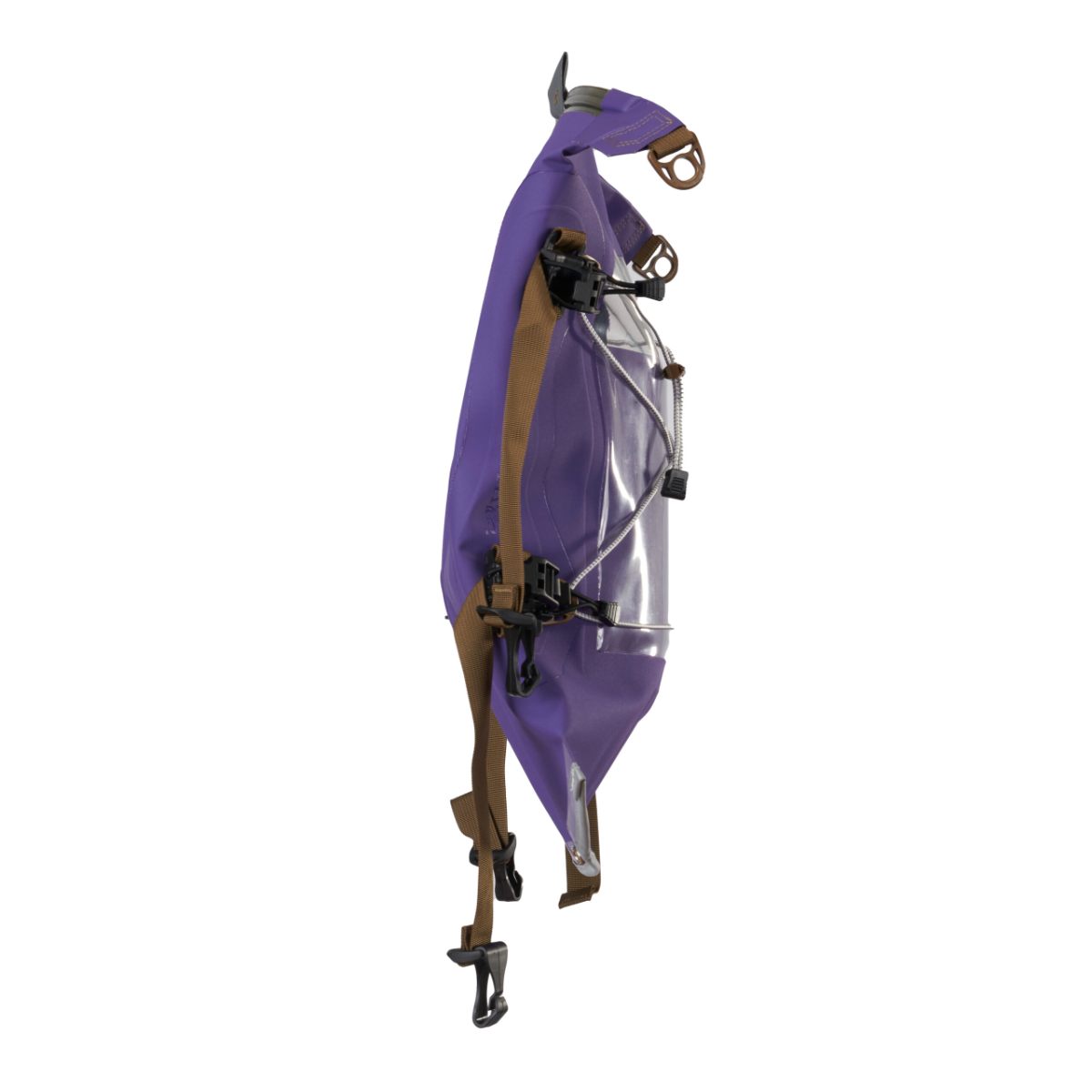 A purple waterproof packable tent with brown straps, black buckles, and a clear front panel, shown hanging against a solid white background.