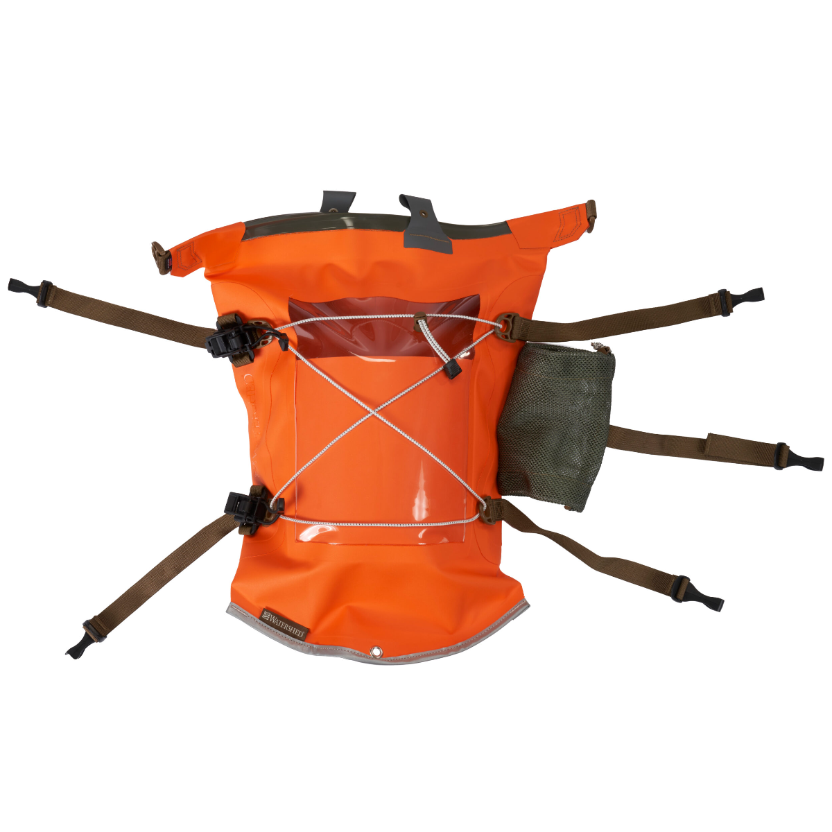 Orange backpack with multiple straps on a white background