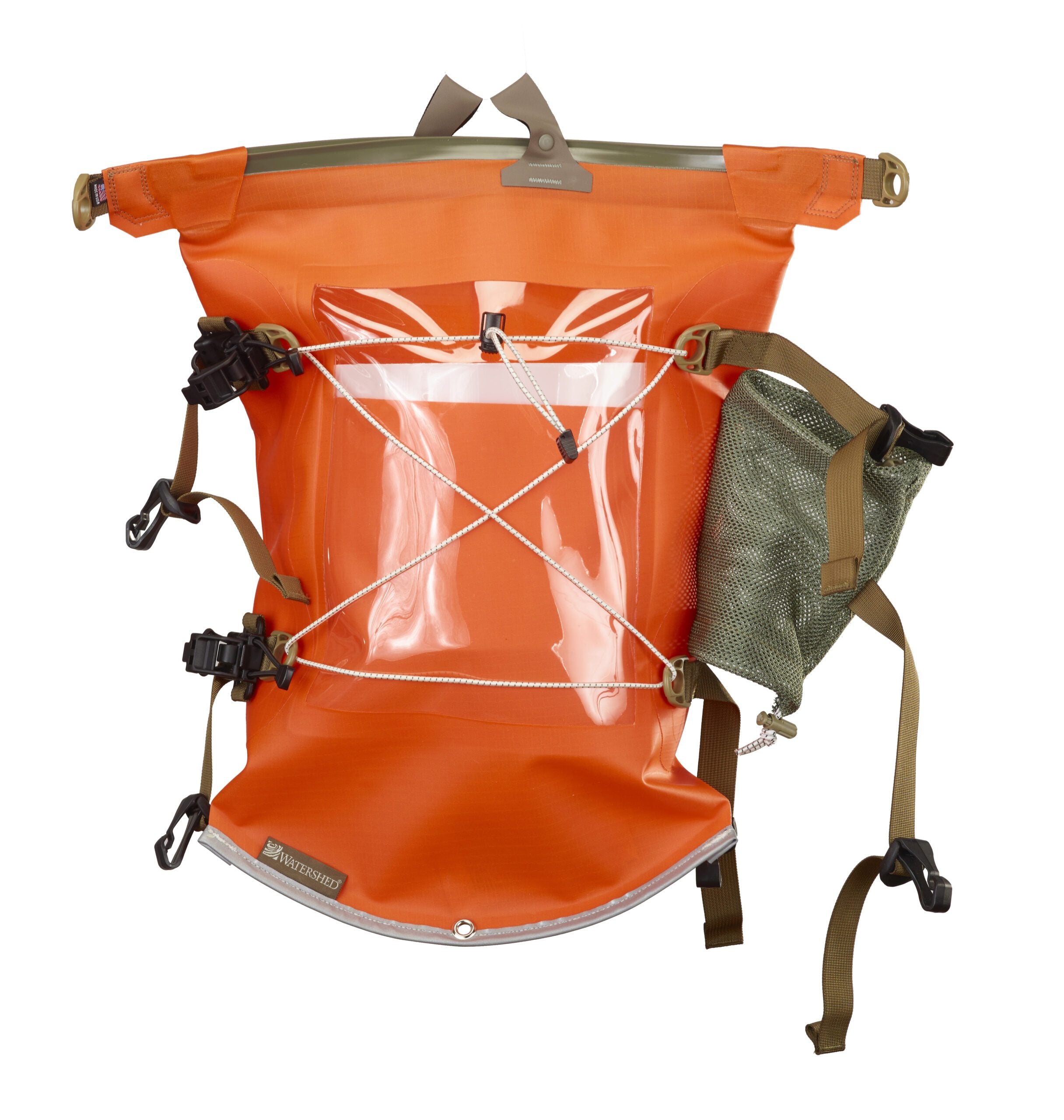 Orange dry bag with straps on a white background