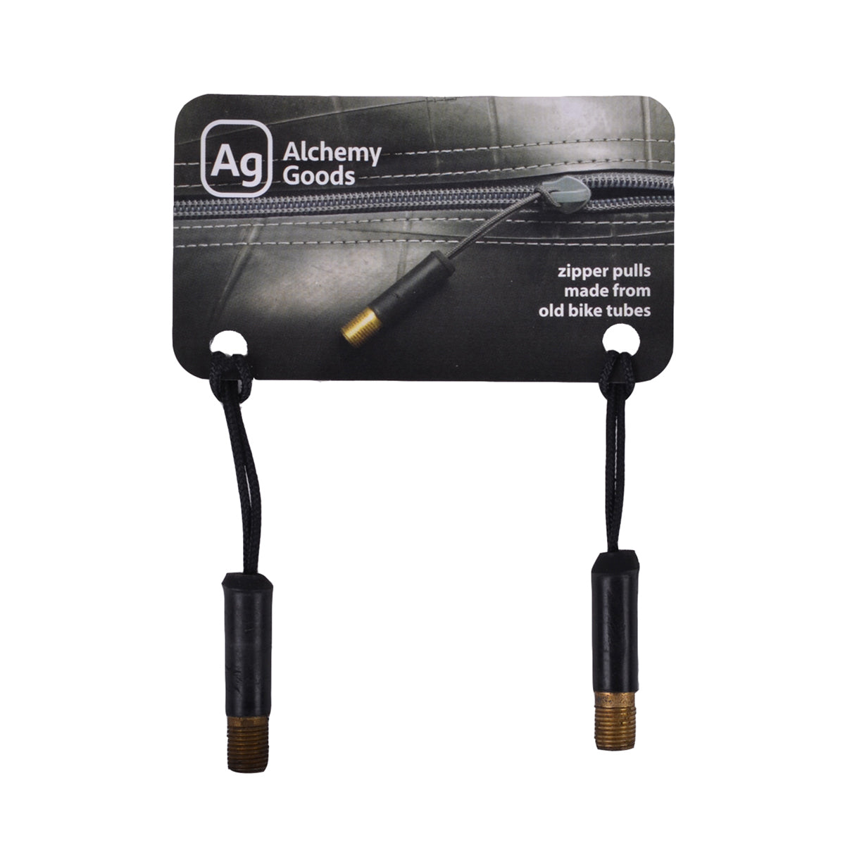 Pair of black zipper pulls from Alchemy Goods for bags and panniers, designed for ZEITBIKE accessories.