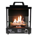 Flame King portable propane fireplace heater for camping, indoor and outdoor use, with a flame and control panel visible in the image.