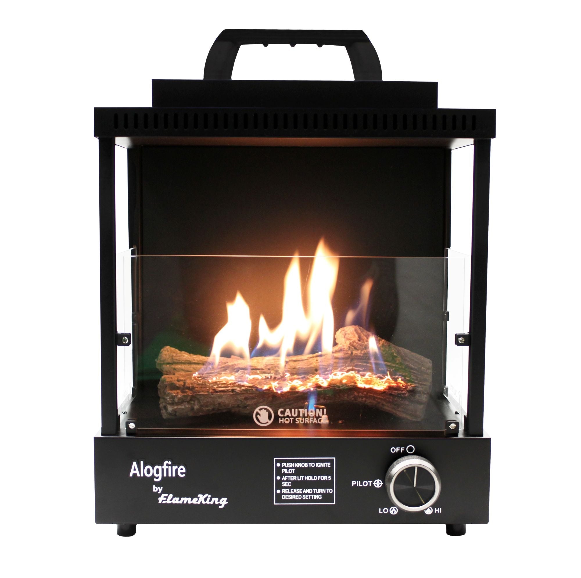 Flame King portable propane fireplace heater for camping, indoor and outdoor use, with a flame and control panel visible in the image.