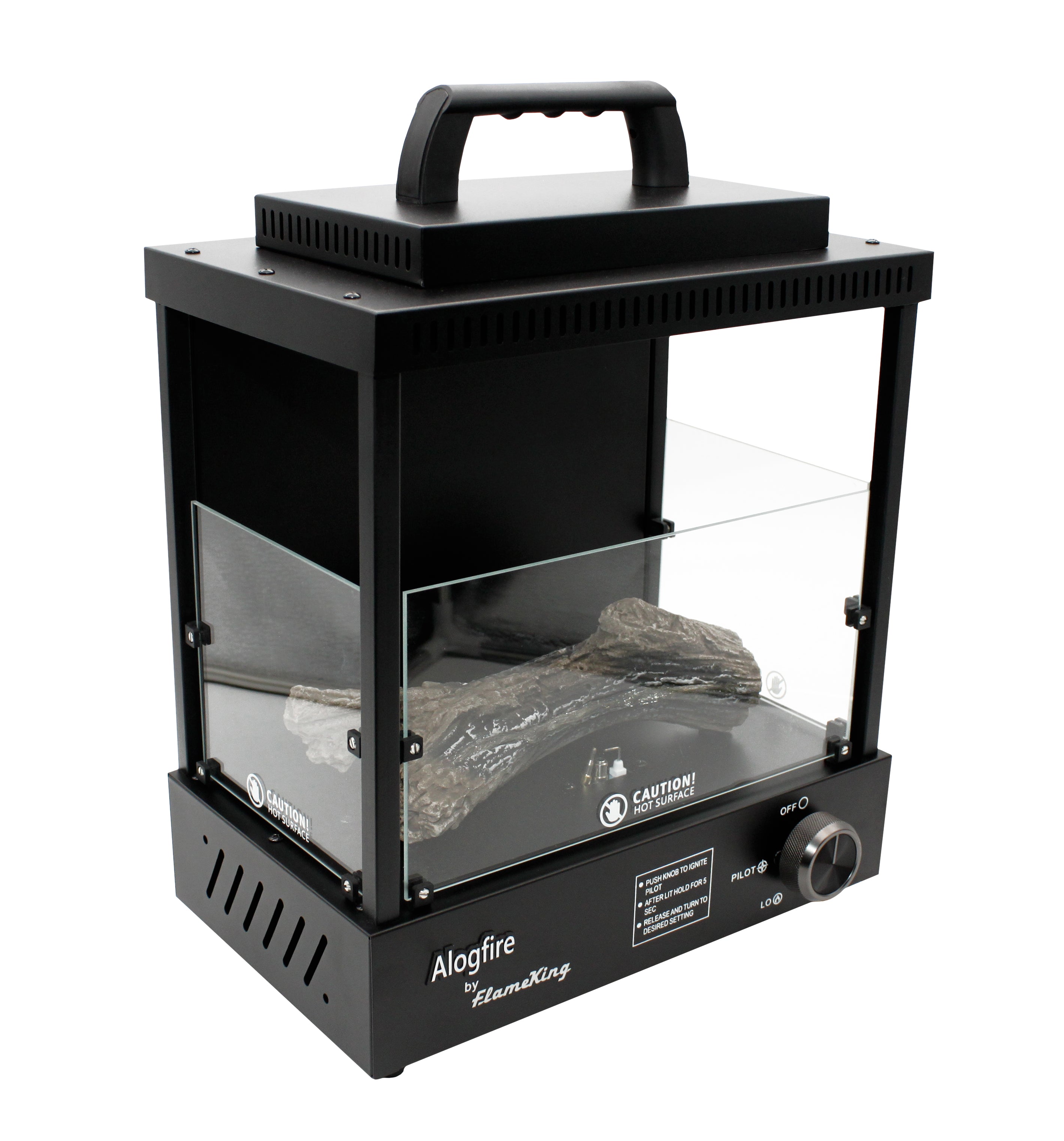 Flame King portable propane Alogfire fireplace heater for indoor and outdoor camping, with a compact design and safety features.