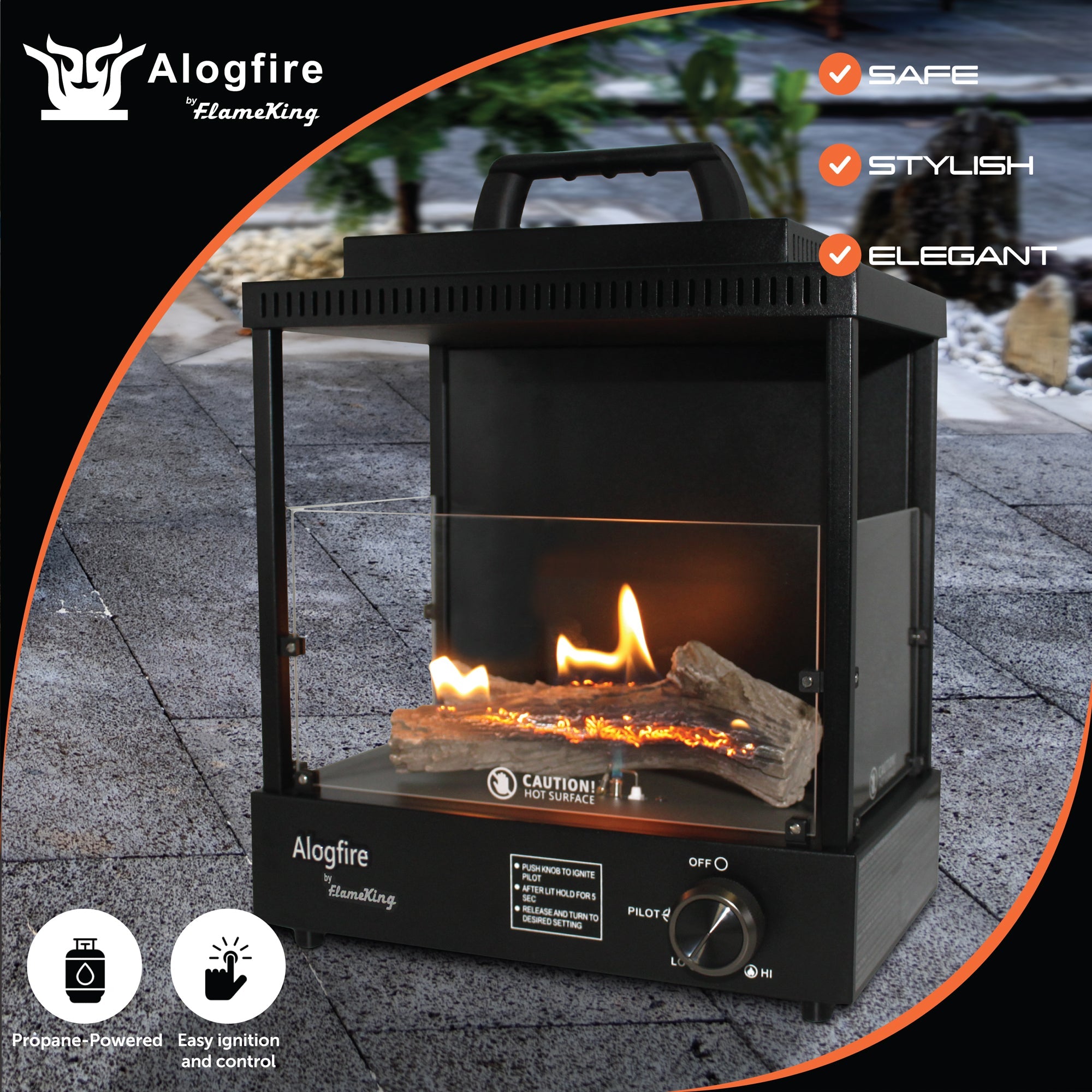 Flame King portable propane alogfire fireplace heater for indoor and outdoor camping, with a compact design and safety features.