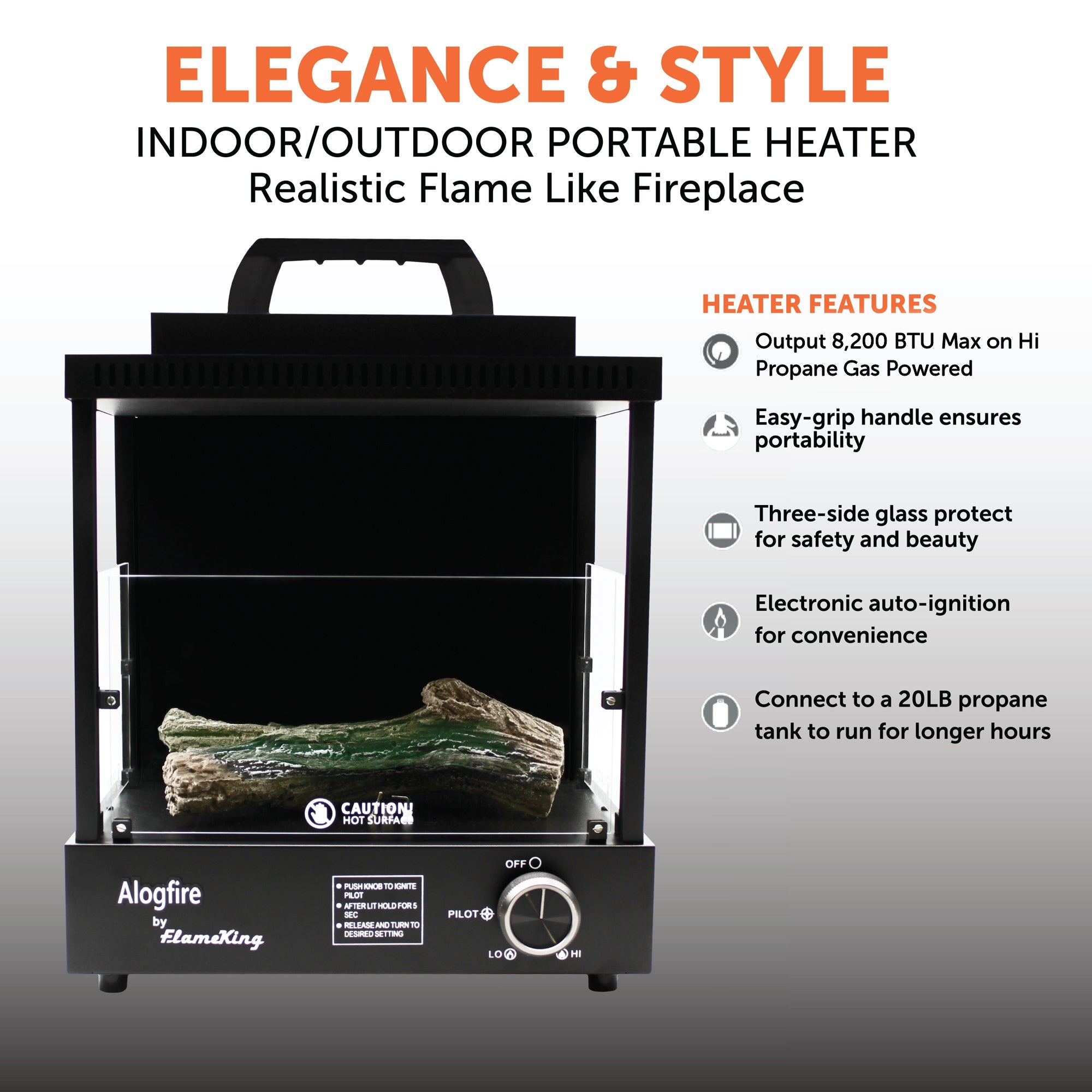 Portable Flame King propane fireplace heater for indoor and outdoor camping, with a compact design and safety features.