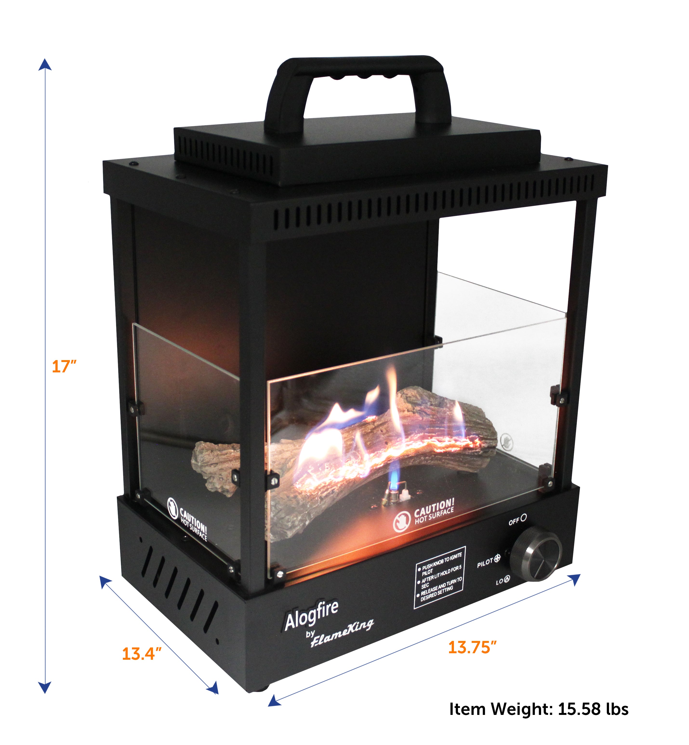 Flame King portable propane fireplace heater for indoor and outdoor camping, with a sleek design and safety features.